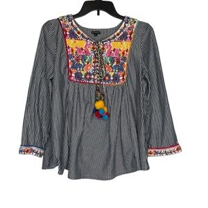 Hannah Blouse Black White Striped M Top Colorful Embroidery Bohemian Pom Poms